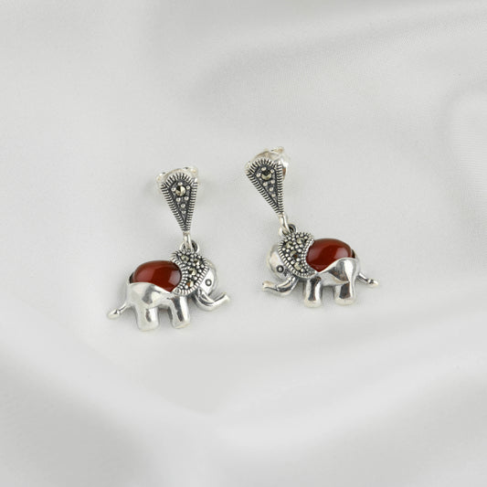 Elephant Carnelian Marcasite Silver Earrings