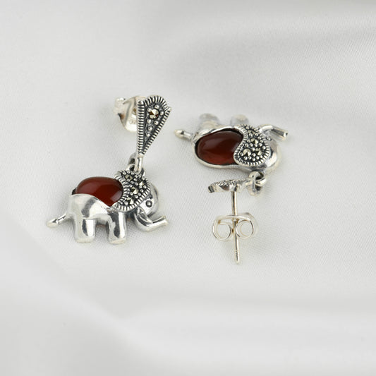 Elephant Carnelian Marcasite Silver Earrings