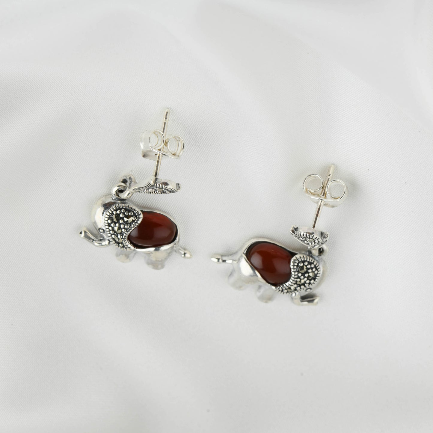 Elephant Carnelian Marcasite Silver Earrings