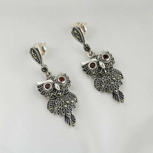 Garnet-Gleaming Owl Silver Marcasite Drop Earrings