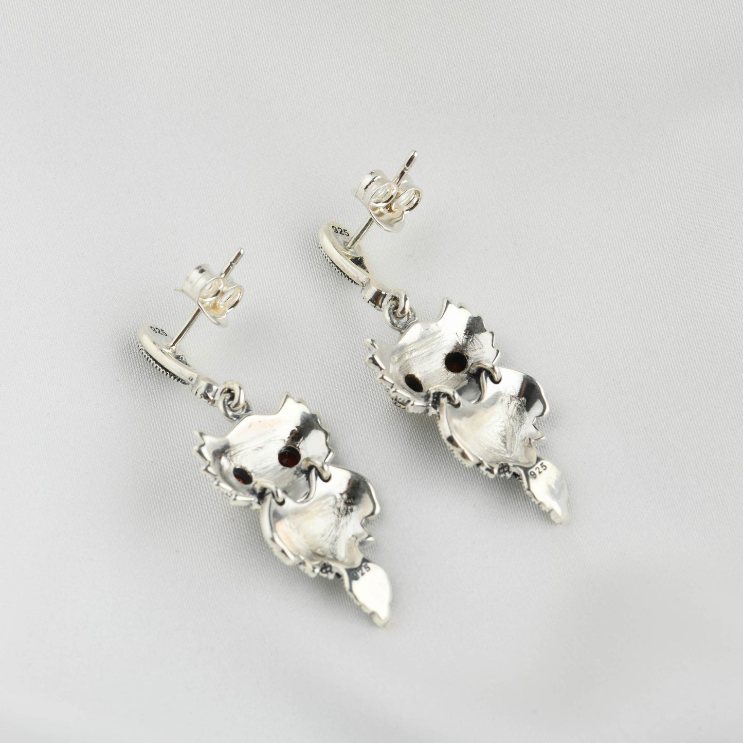 Garnet-Gleaming Owl Silver Marcasite Drop Earrings