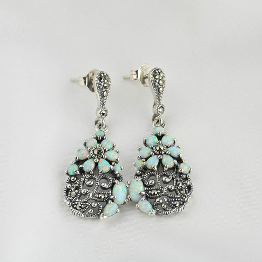 Dreamy Opal Marcasite Silver Drop Earrings