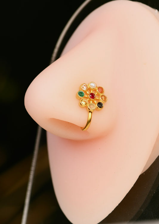 Nav Ratna Gold Plated Silver Clip On Nose Pin