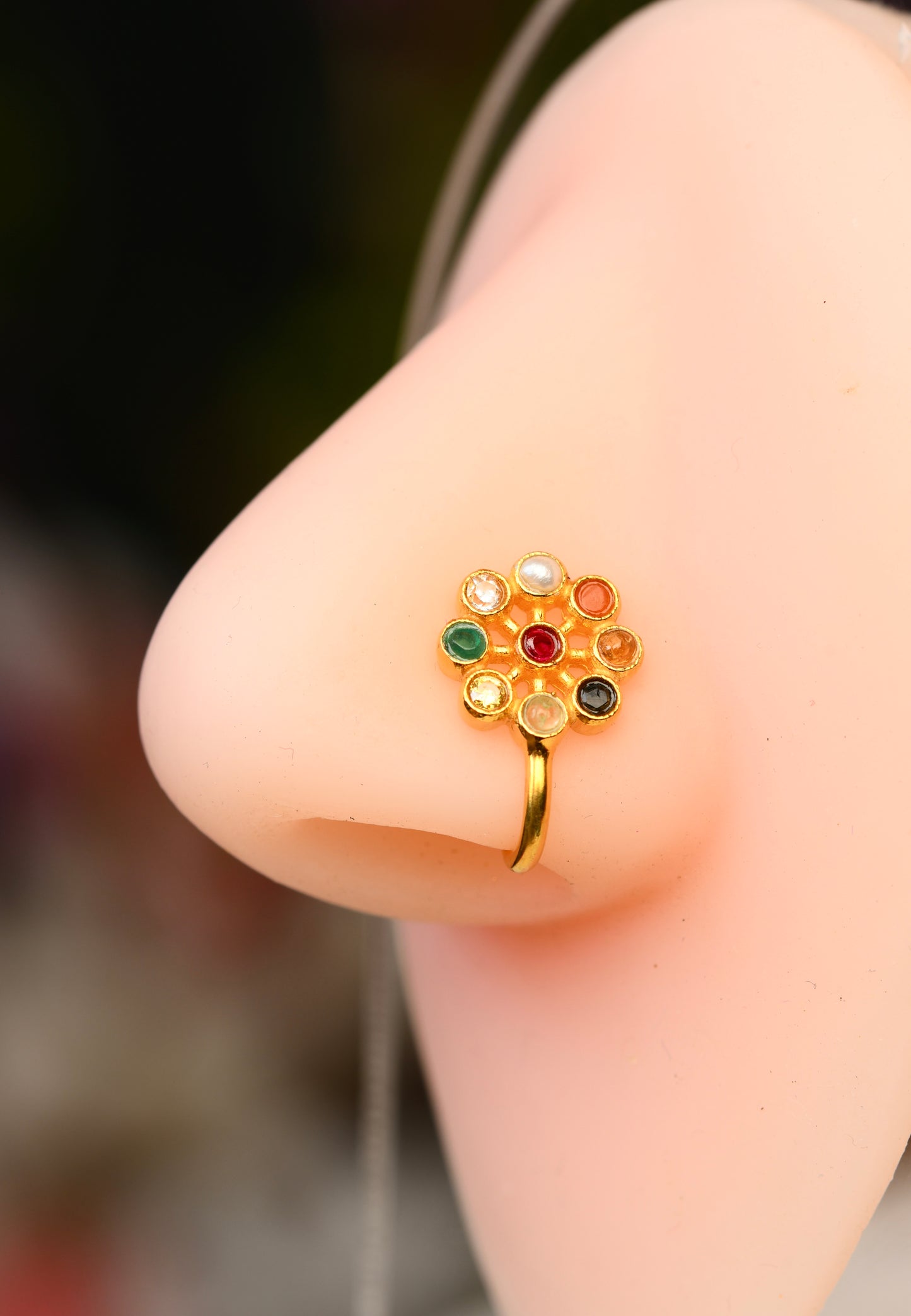 Nav Ratna Gold Plated Silver Clip On Nose Pin