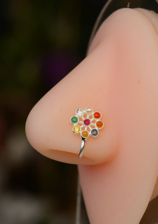 Nav Ratna Silver Clip On Nose Pin