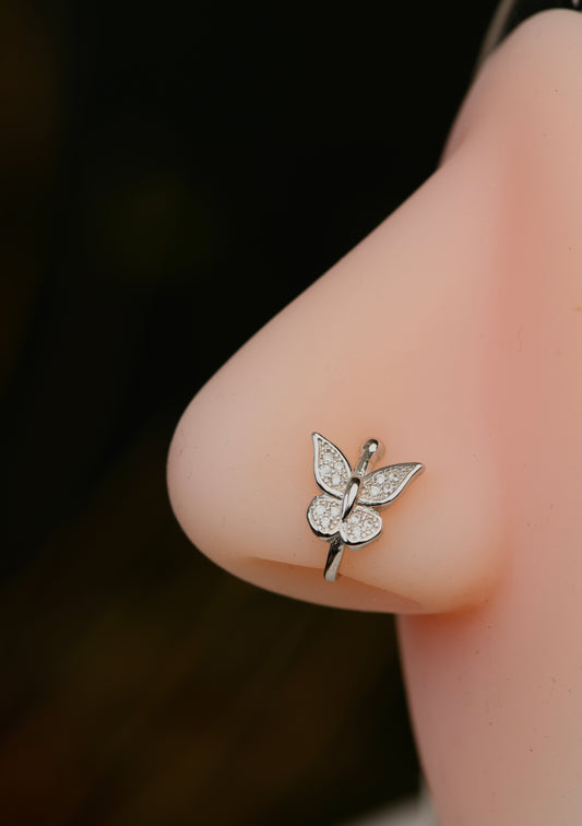 Butterfly Silver Clip On Nose Pin