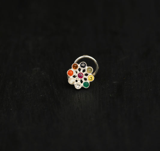 Nav Ratna Wire Type Silver Nose Pin