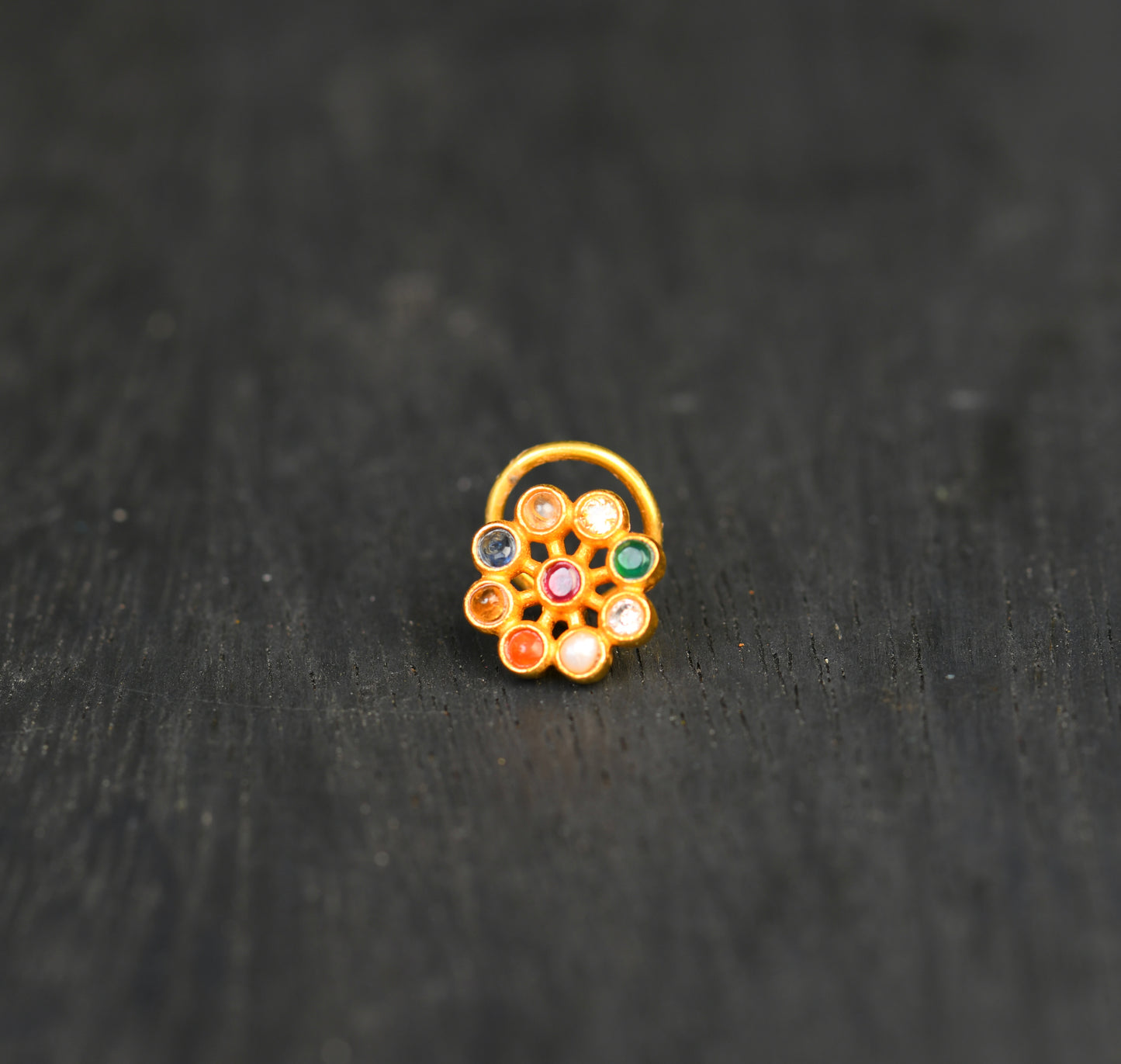 Nav Ratna Gold Plated Silver Nose Pin