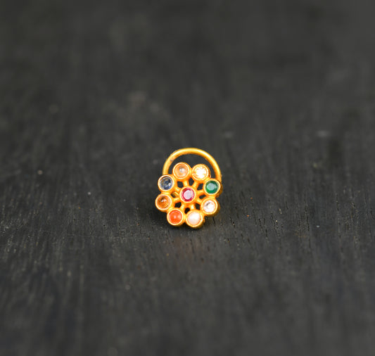 Nav Ratna Gold Plated Silver Nose Pin