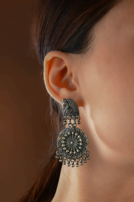 Hibiscus Silver Peacock Earrings