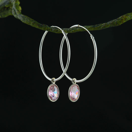 Pink Crystal Drops In Silver Hoops