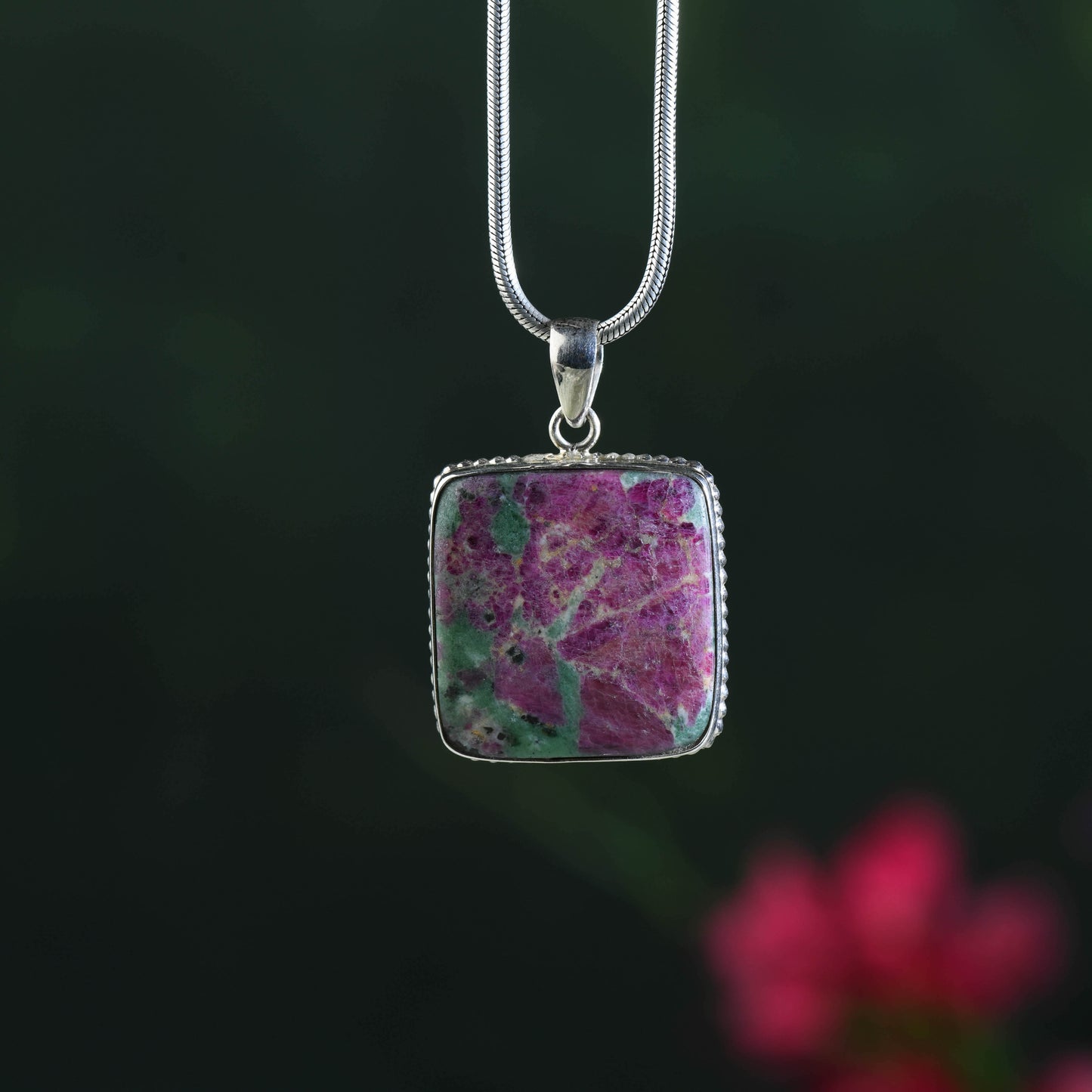 Square Ruby Zoisite Pendant In Silver