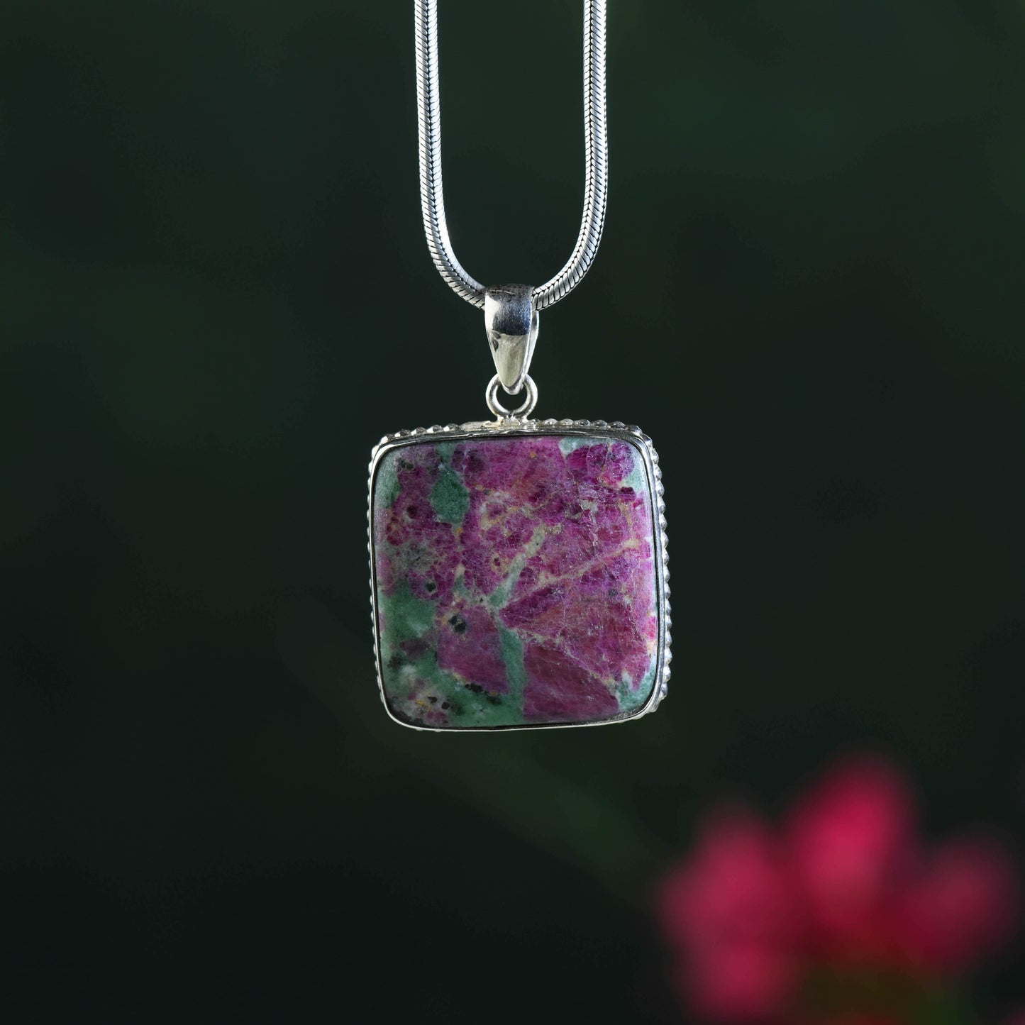 Square Ruby Zoisite Pendant In Silver