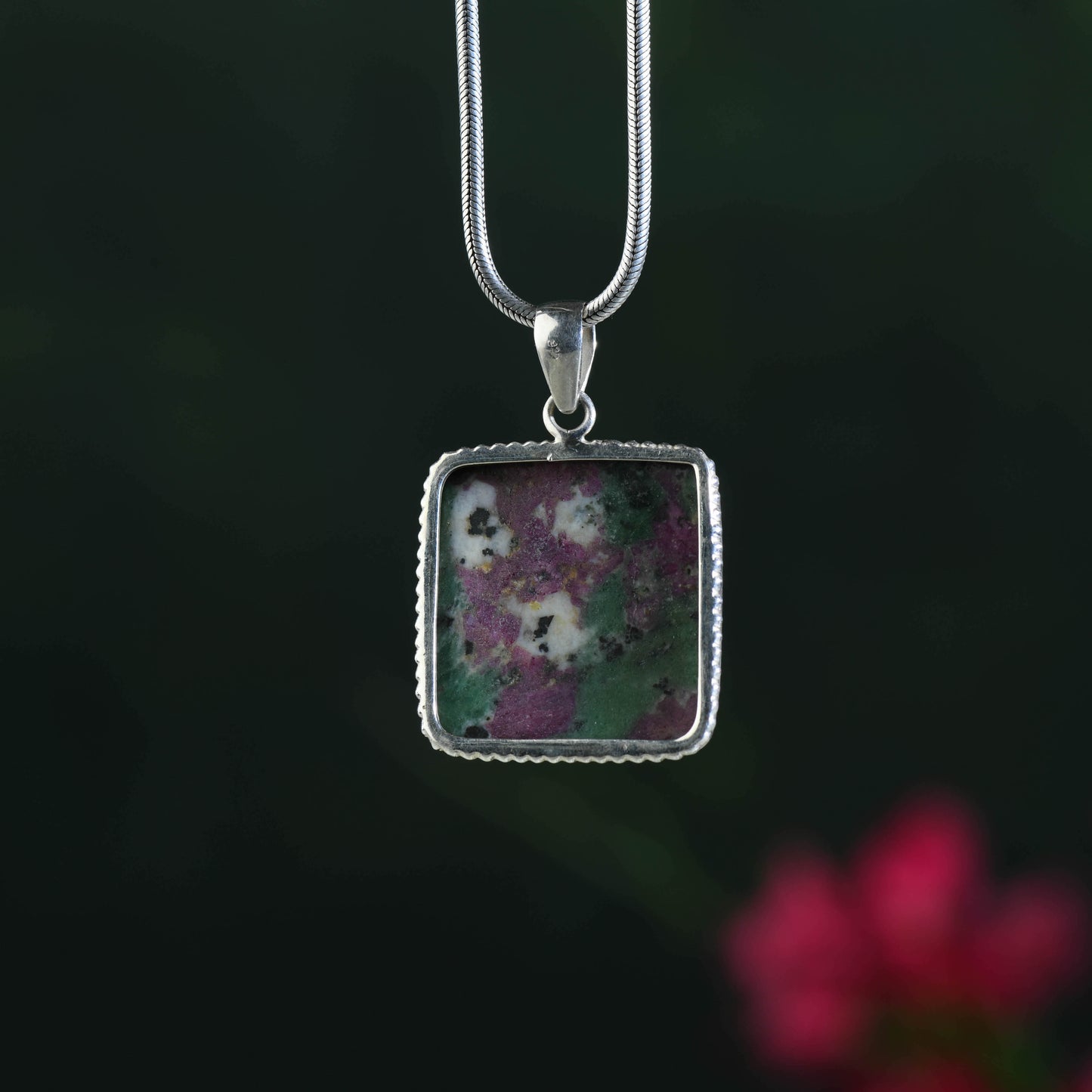 Square Ruby Zoisite Pendant In Silver