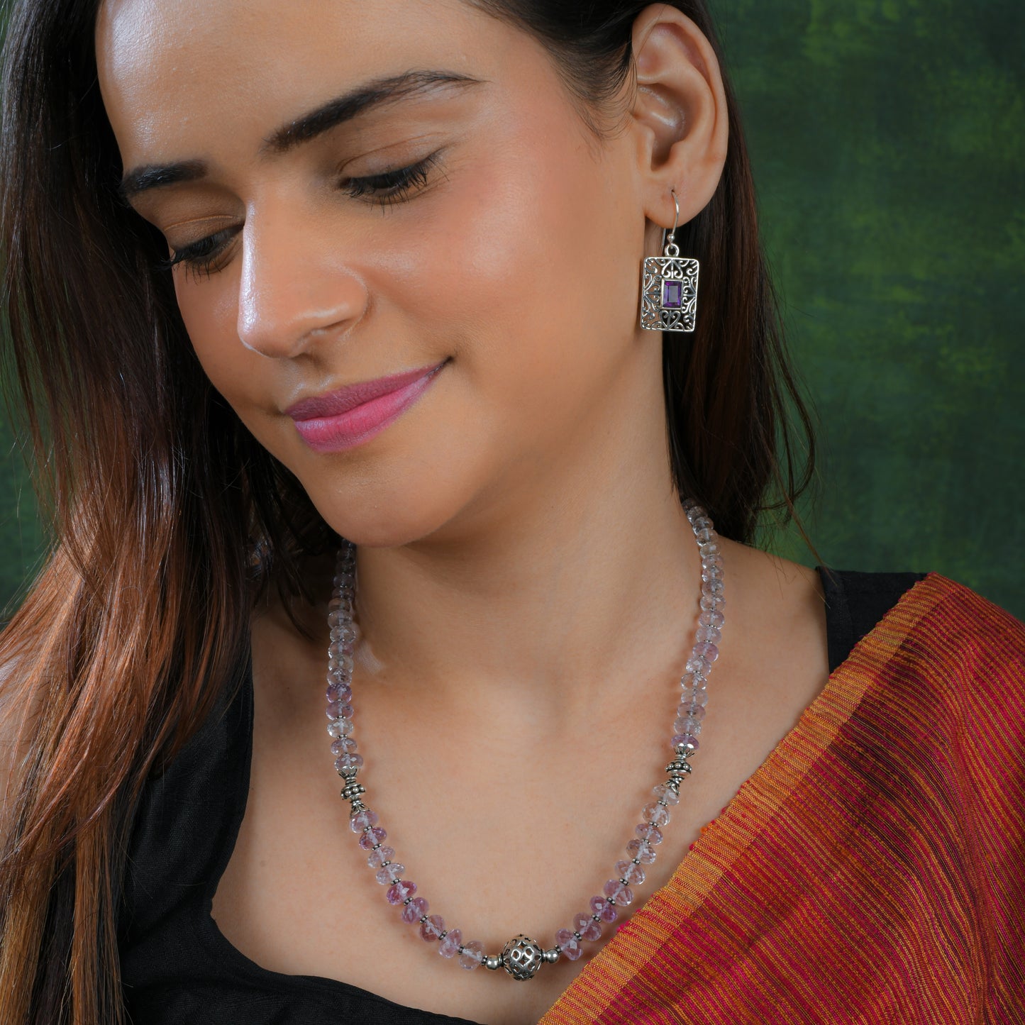 Faceted Amethyst Silver necklace With Filigree earrings