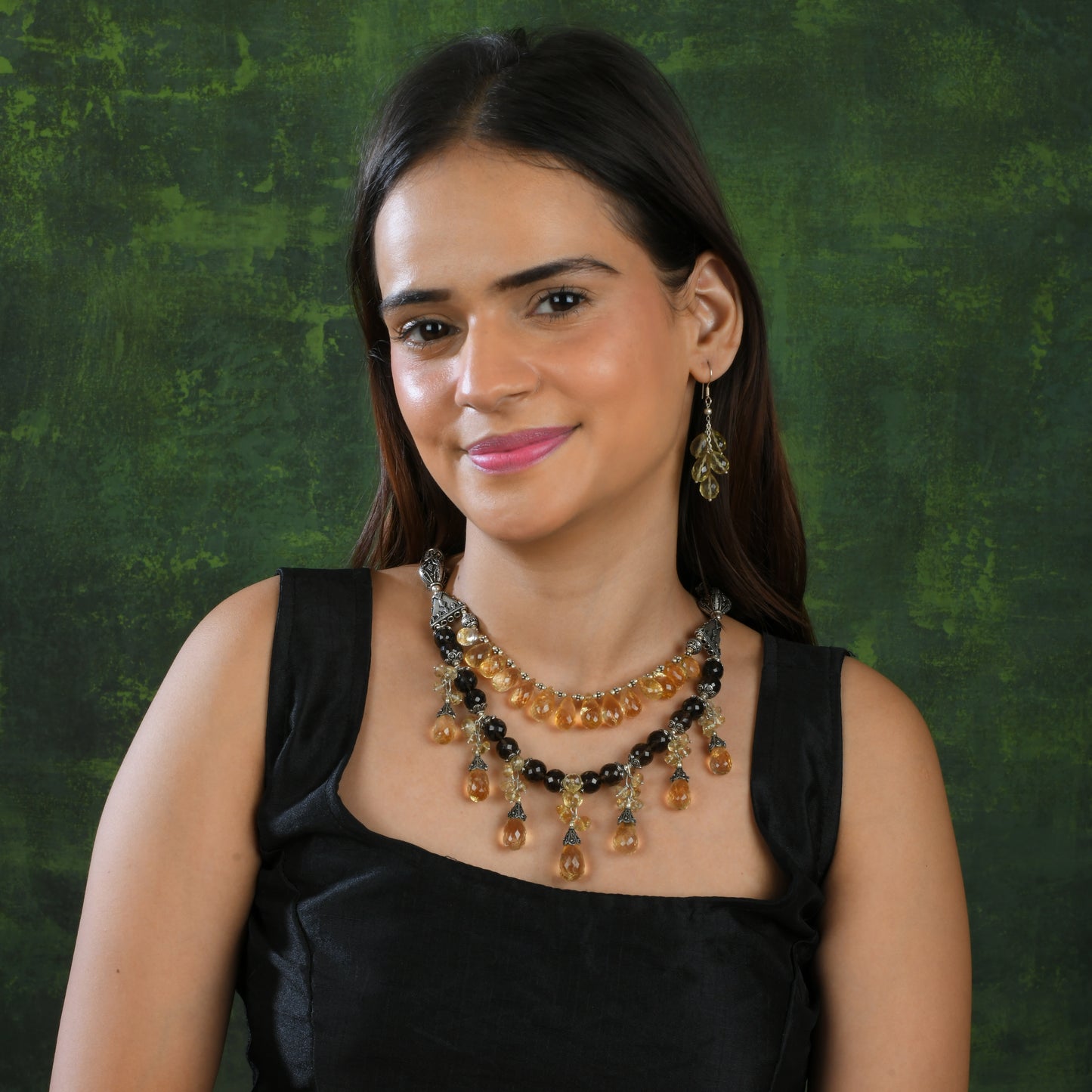 Smoky Quartz Citrine Silver Dual Layer Necklace Set