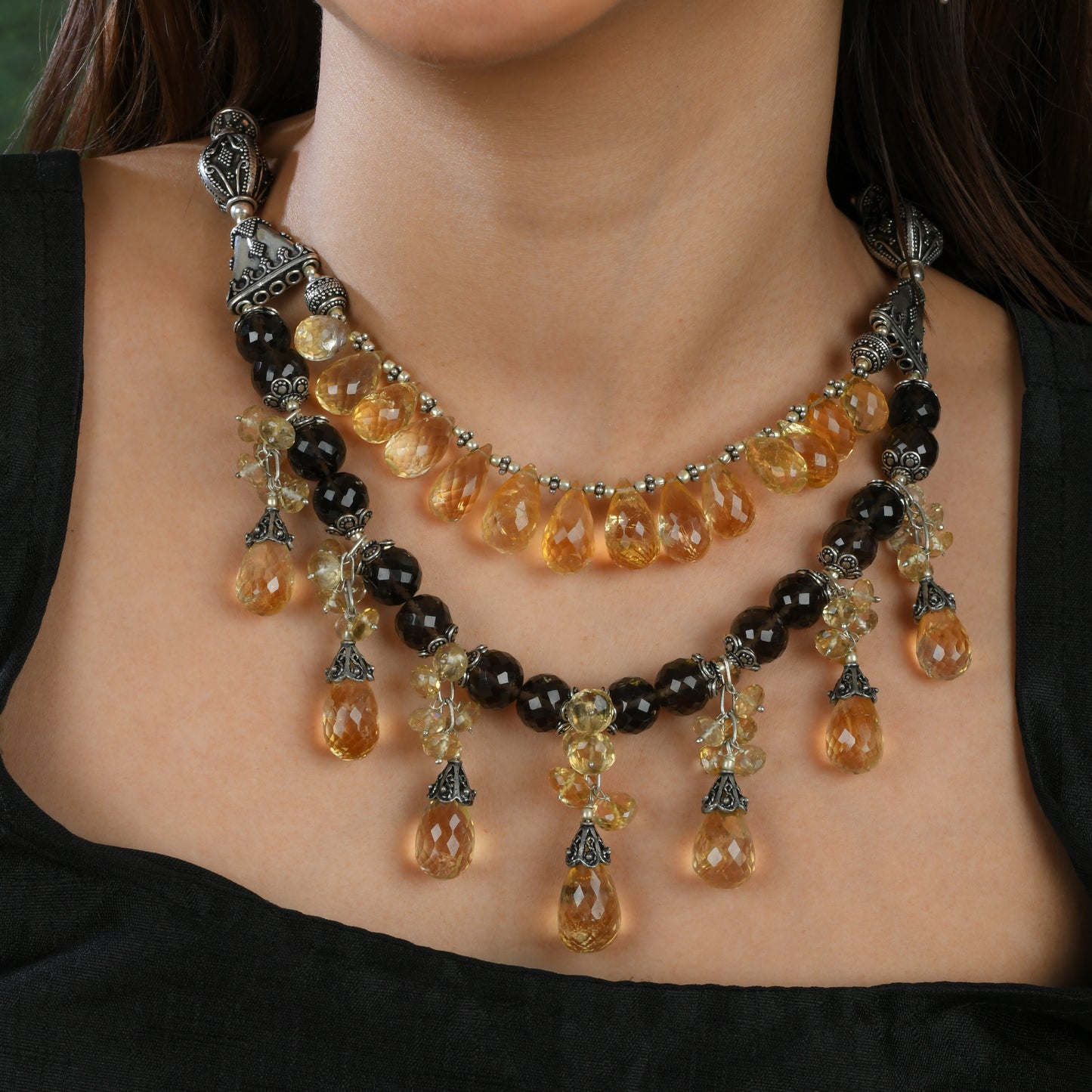 Smoky Quartz Citrine Silver Dual Layer Necklace Set