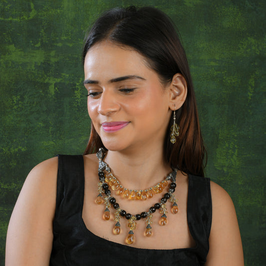 Smoky Quartz Citrine Silver Dual Layer Necklace Set