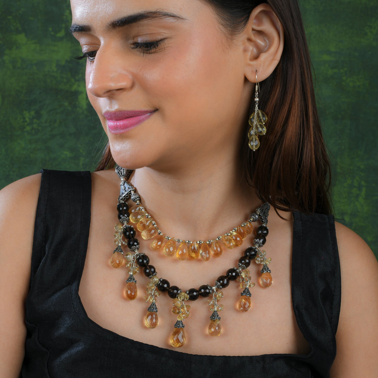Smoky Quartz Citrine Silver Dual Layer Necklace Set