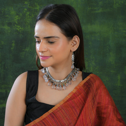 Faceted Rose Quartz Drops Floral Silver Chain Necklace Set