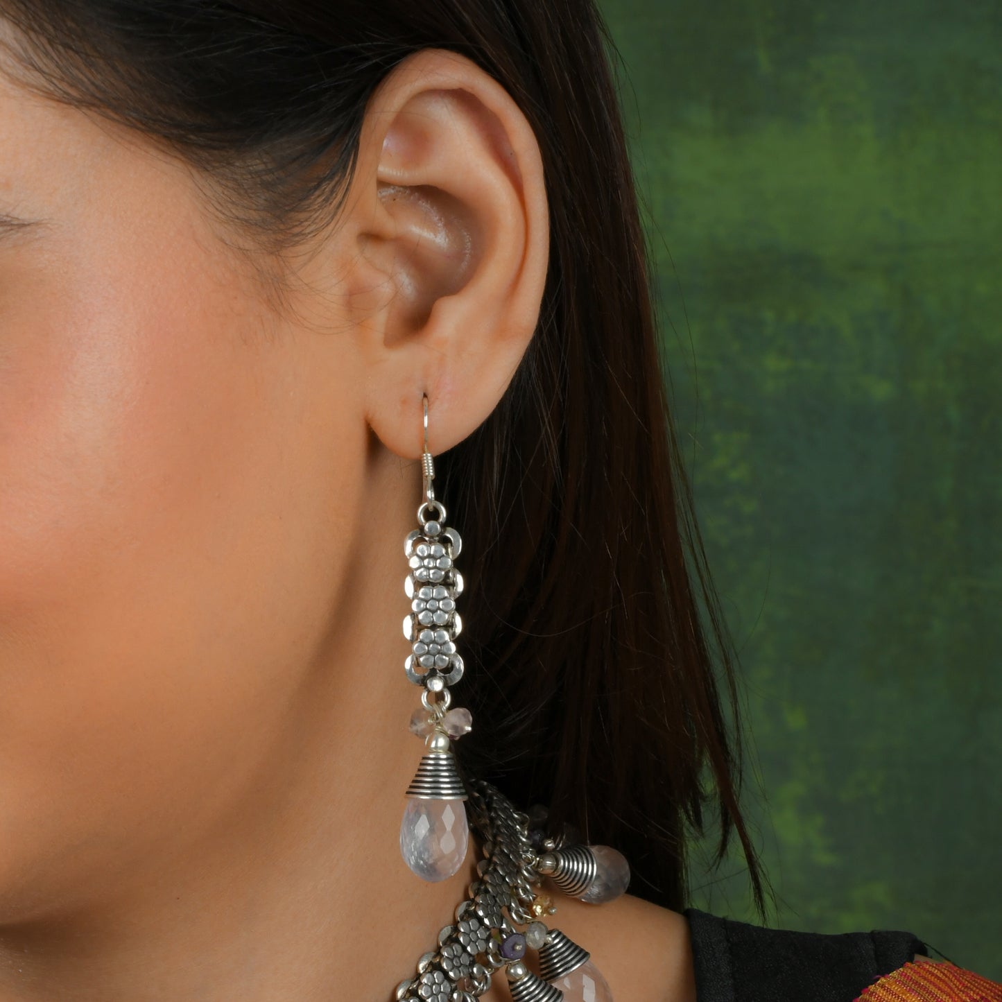 Faceted Rose Quartz Drops Floral Silver Chain Necklace Set