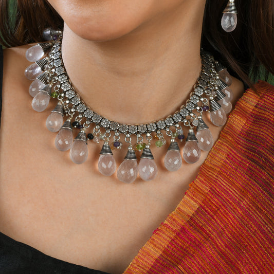 Faceted Rose Quartz Drops Floral Silver Chain Necklace Set