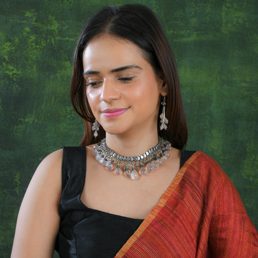 Divine Blush Rose Quartz Drops Silver Necklace Set