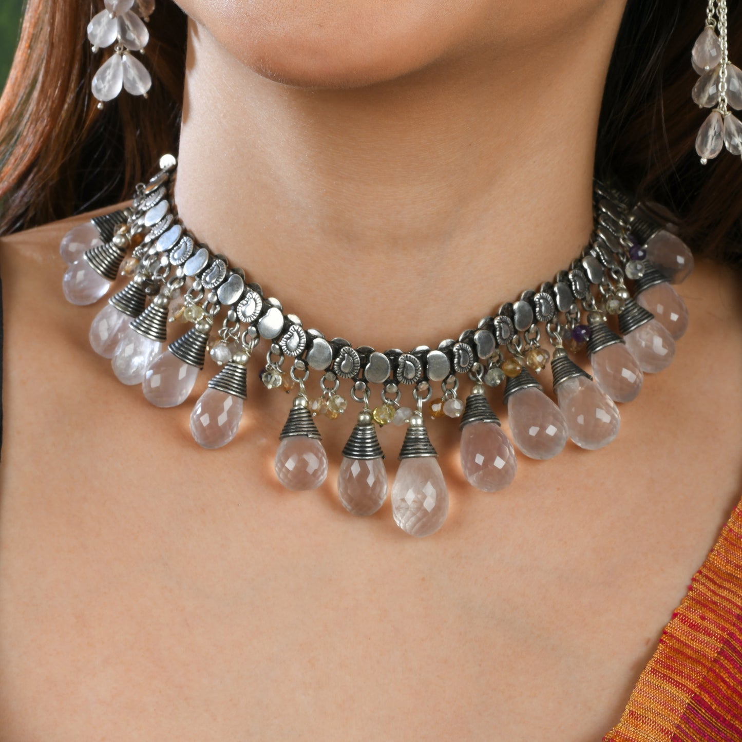 Divine Blush Rose Quartz Drops Silver Necklace Set