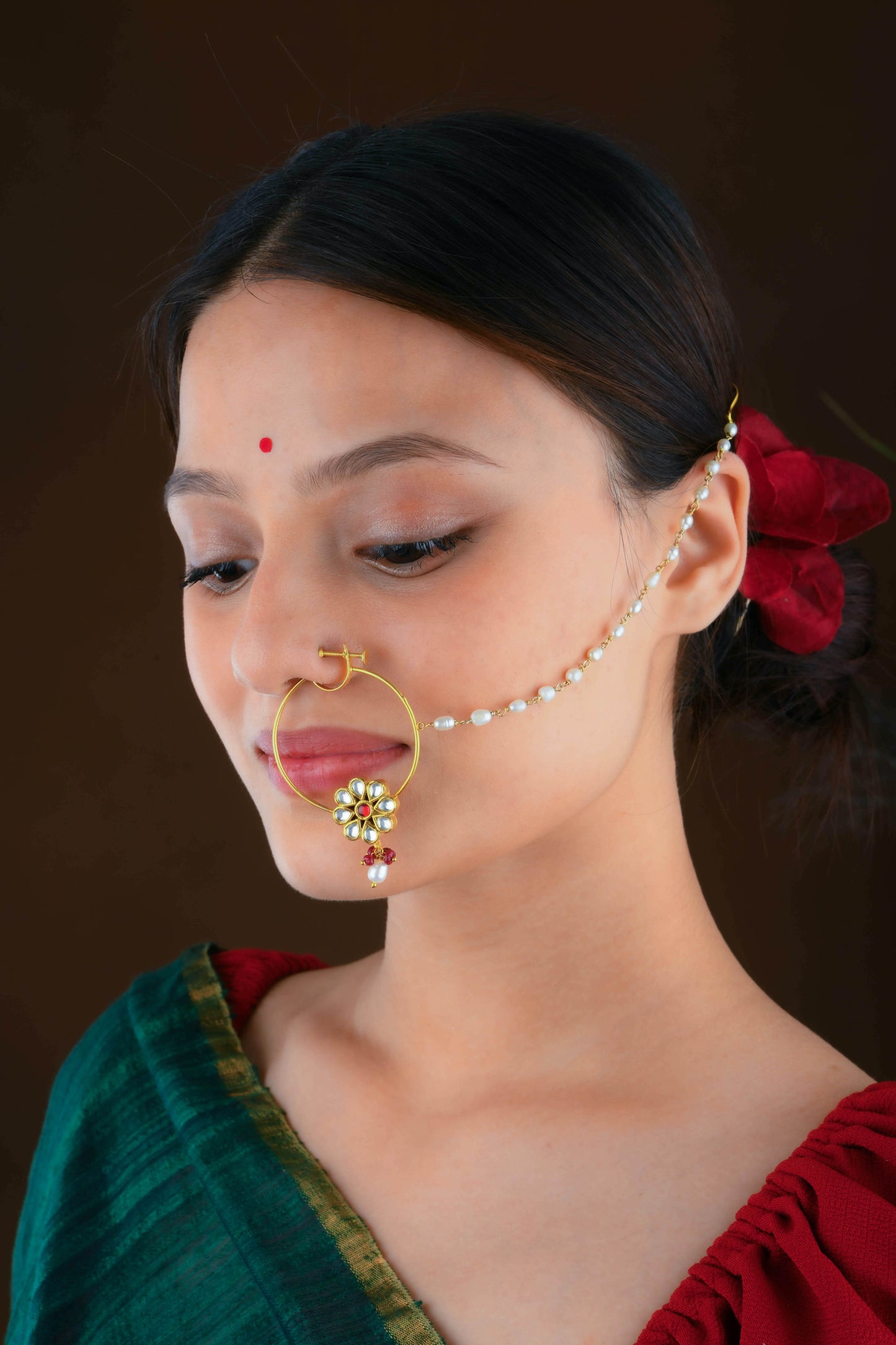 Traditional Gold-Plated Pearl and Gemstone Bridal Nath