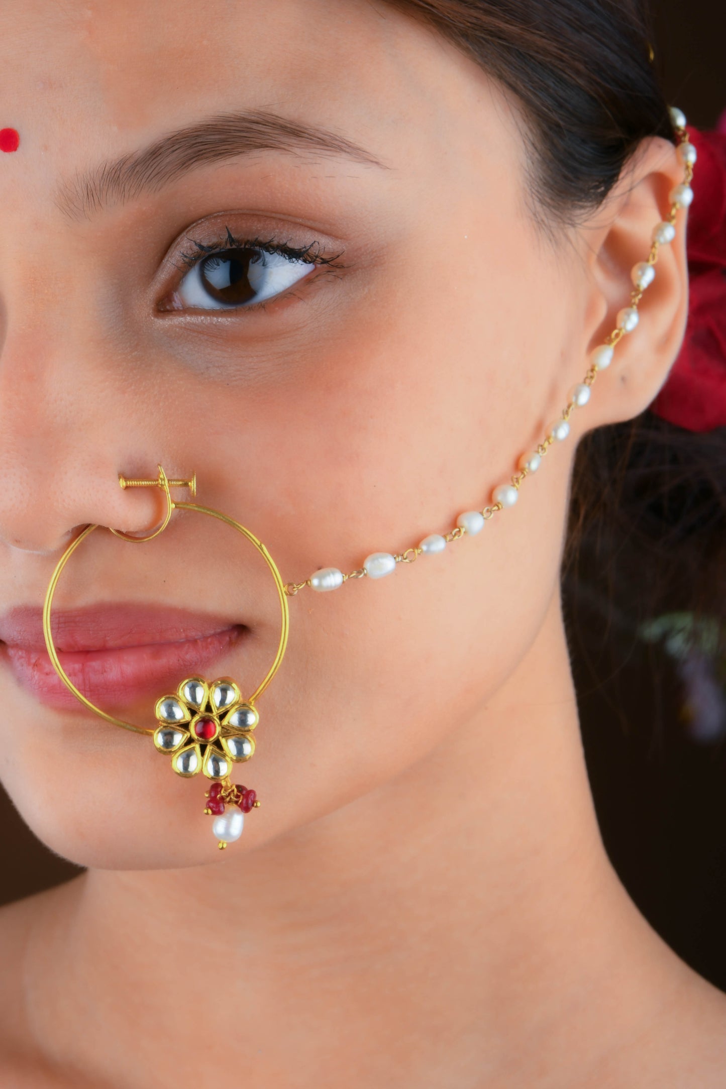 Traditional Gold-Plated Pearl and Gemstone Bridal Nath