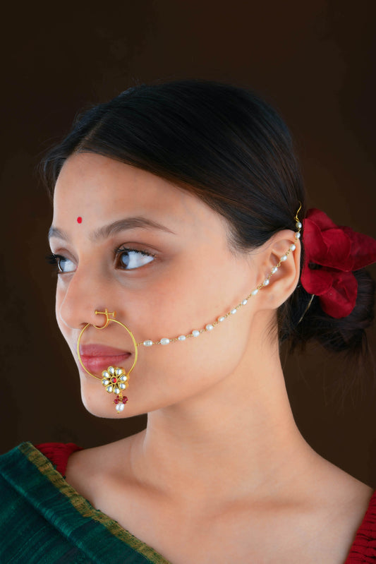 Traditional Gold-Plated Pearl and Gemstone Bridal Nath