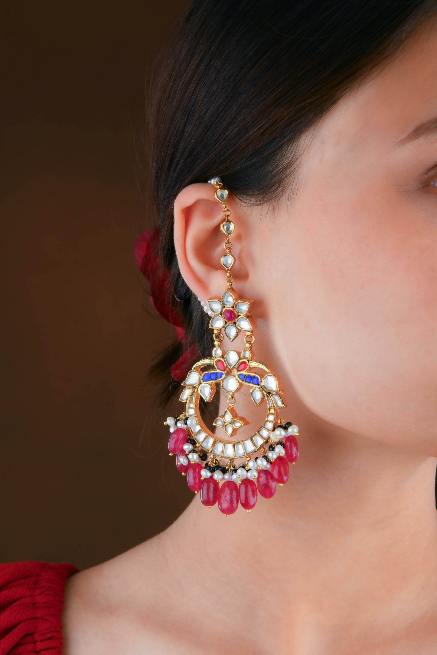 Royal Kundan Gold Plated Silver Chand Bali Earrings