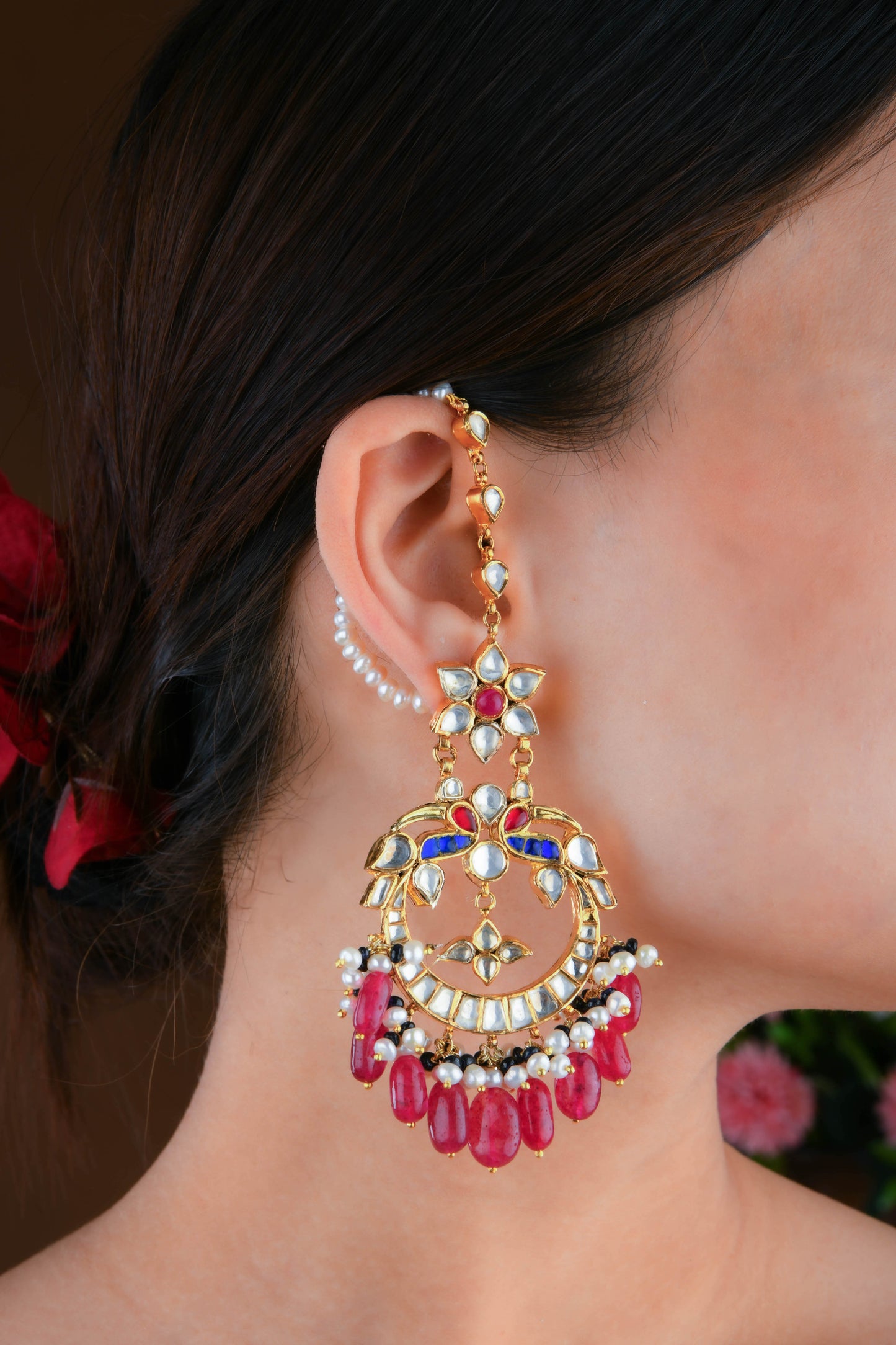 Royal Kundan Gold Plated Silver Chand Bali Earrings
