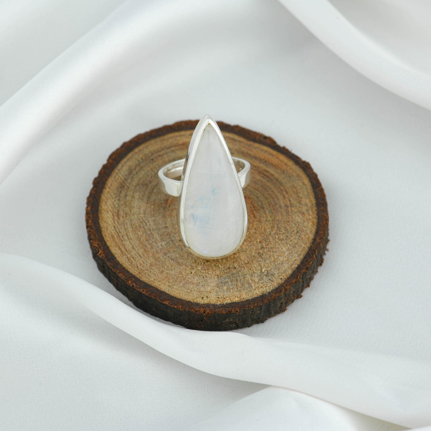 Moonstone Long Tear Drops Silver Ring