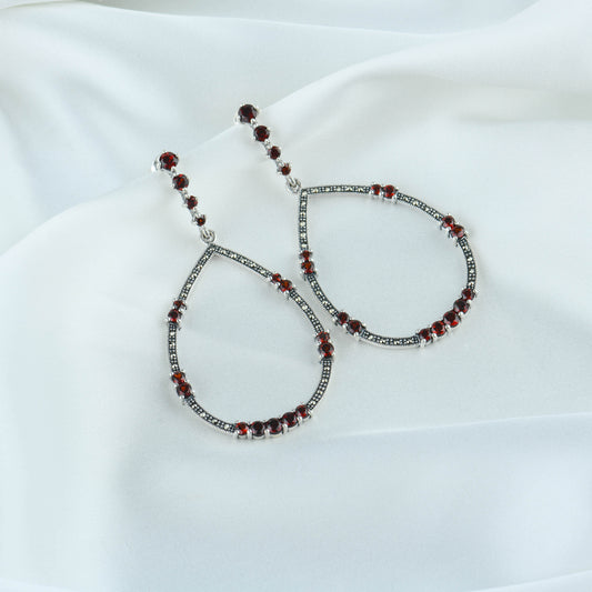Circle Drop Earrings: Marcasite, Silver & Garnet