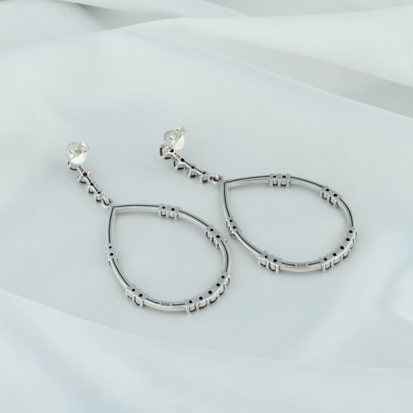 Circle Drop Earrings: Marcasite, Silver & Garnet