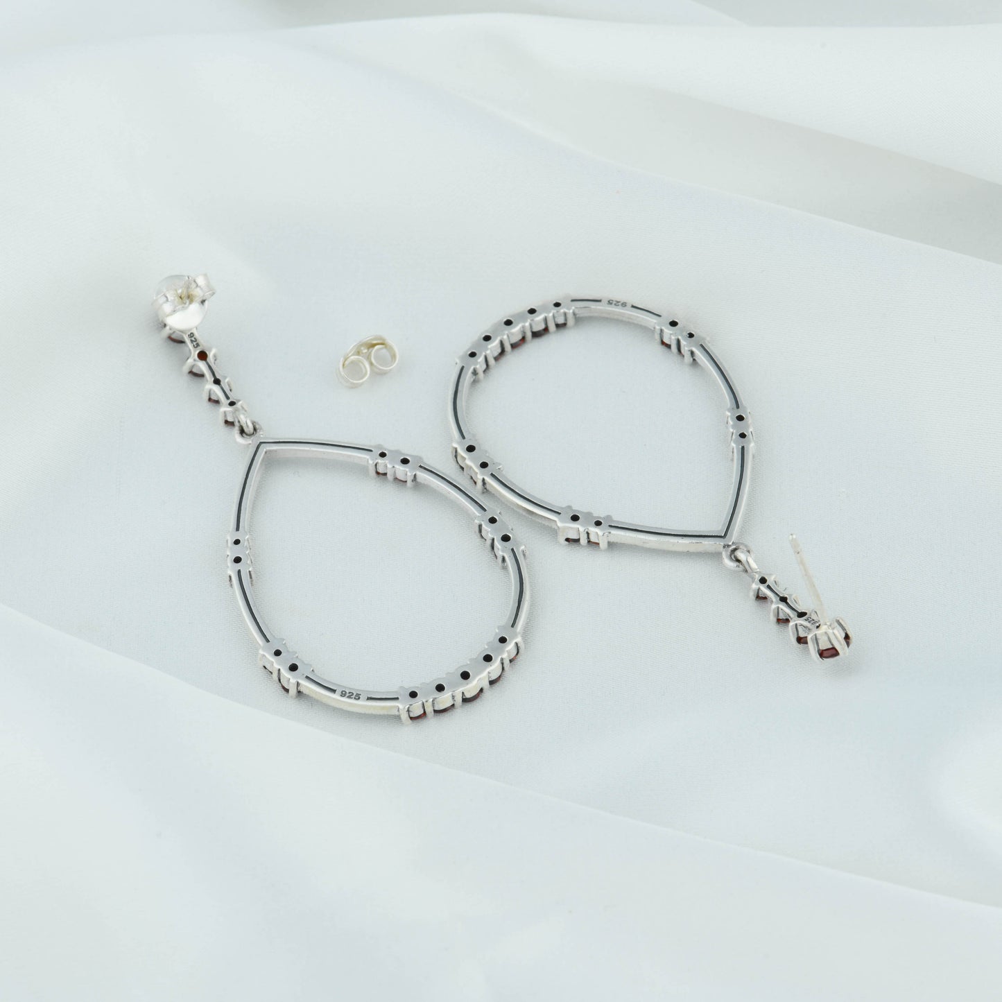 Circle Drop Earrings: Marcasite, Silver & Garnet