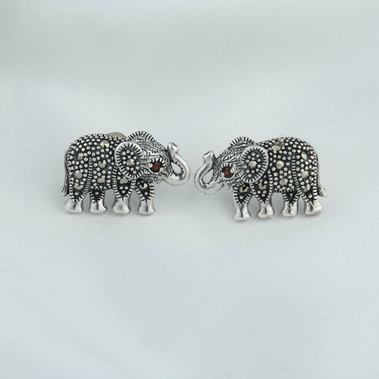 Vintage Elegance Marcasite Elephant Studs with Garnet