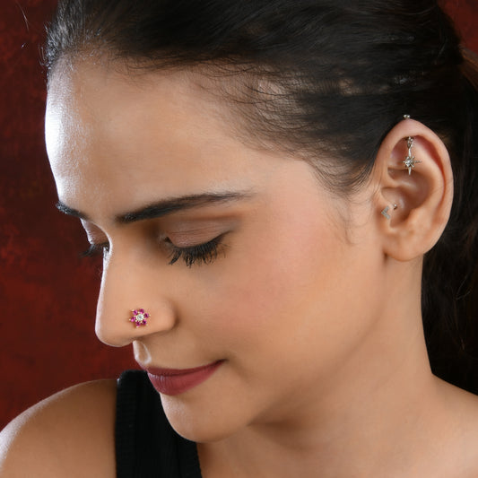 Ruby Star Gold Plated Silver Nose Pin