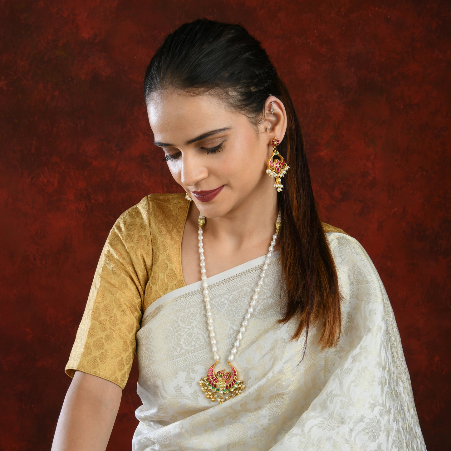 Peacock Pearl Gold Plated Silver Kundan Necklace
