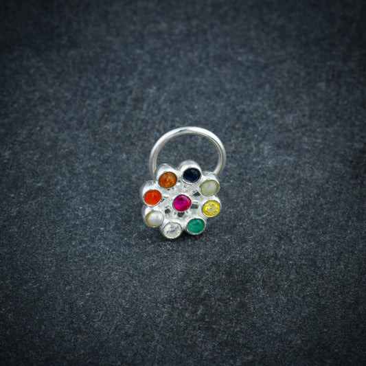 Nav Ratna Wire Type Silver Nose Pin