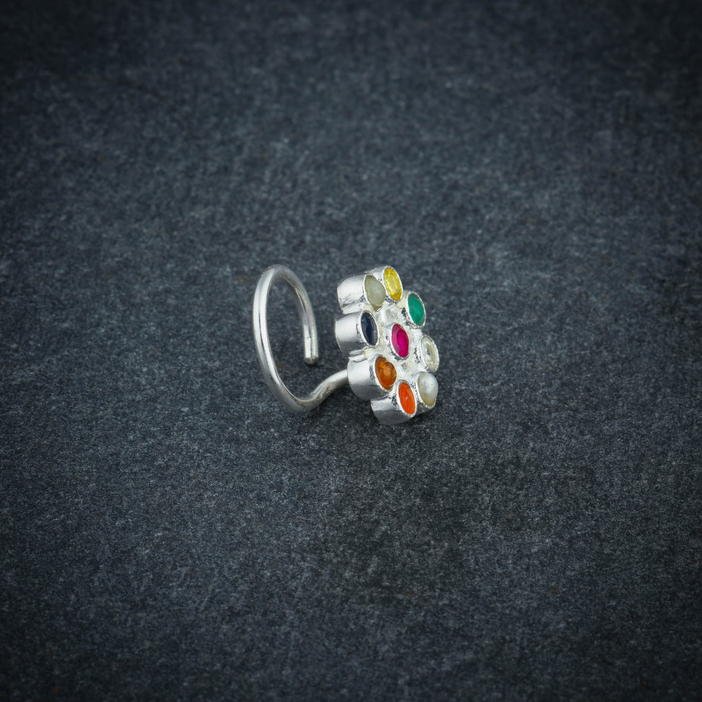 Nav Ratna Wire Type Silver Nose Pin