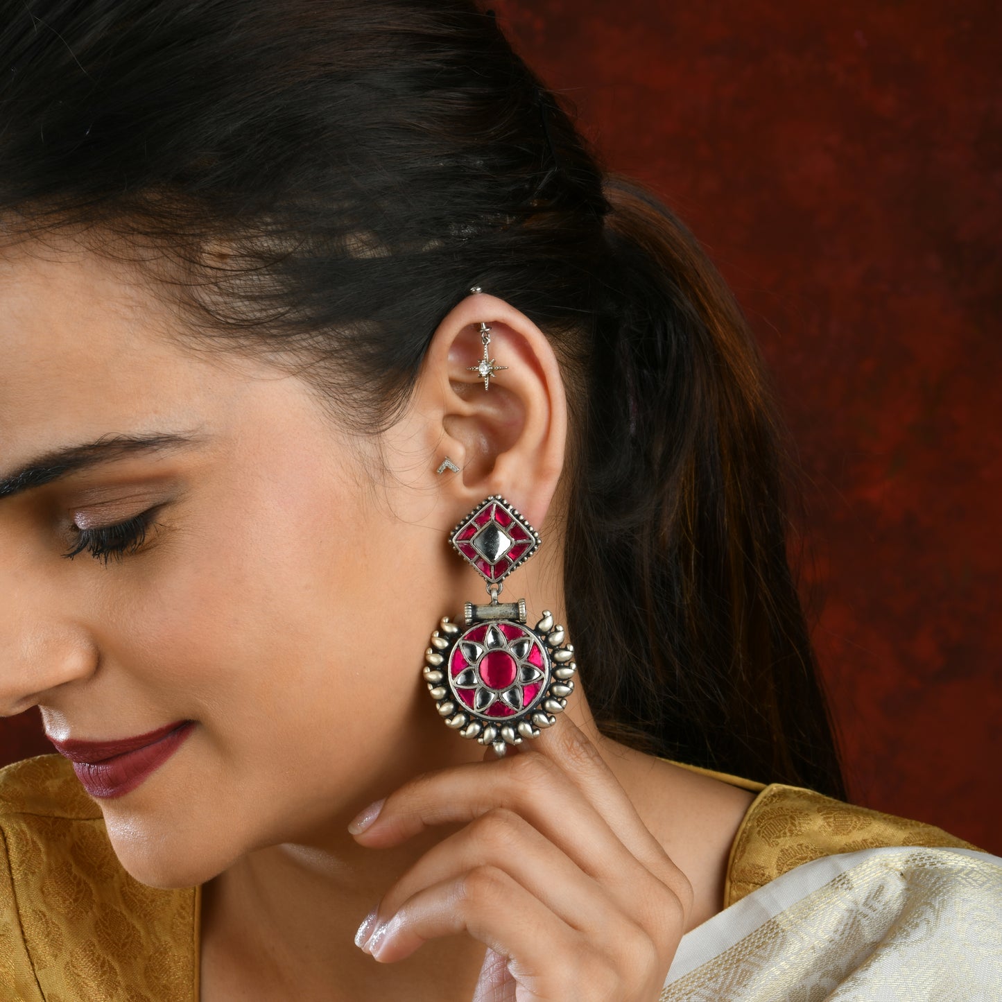 Pink Kundan Silver Studs