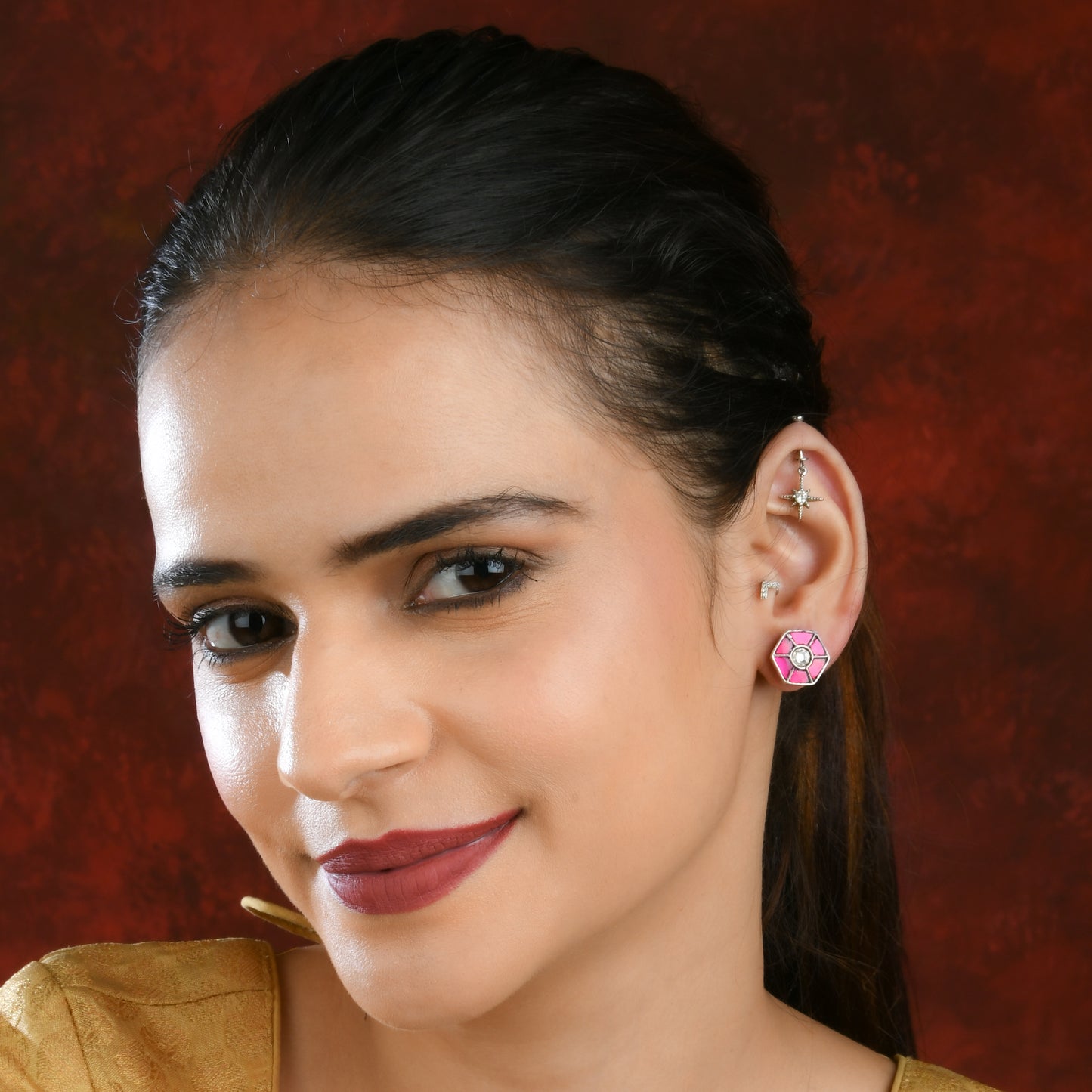 Ornate Pink Kundan Studs