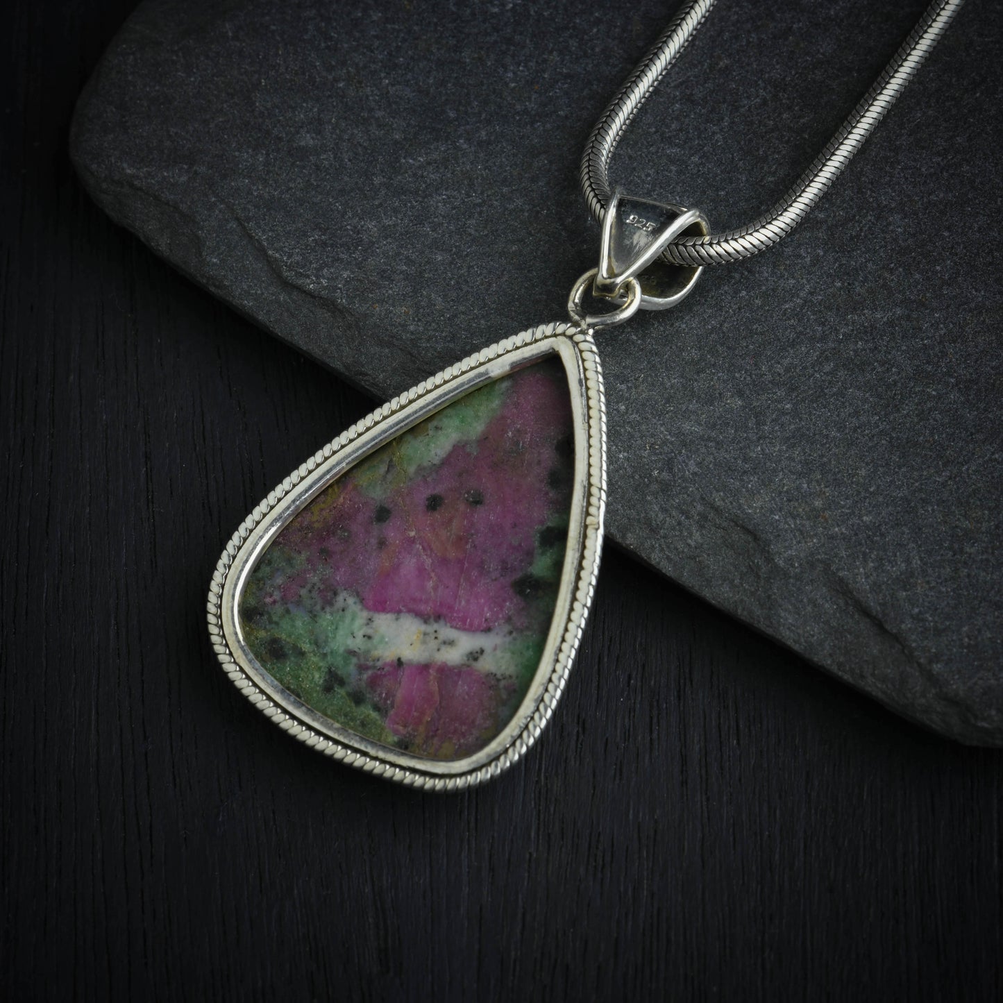 Ruby Zoisite Drop Silver Pendant