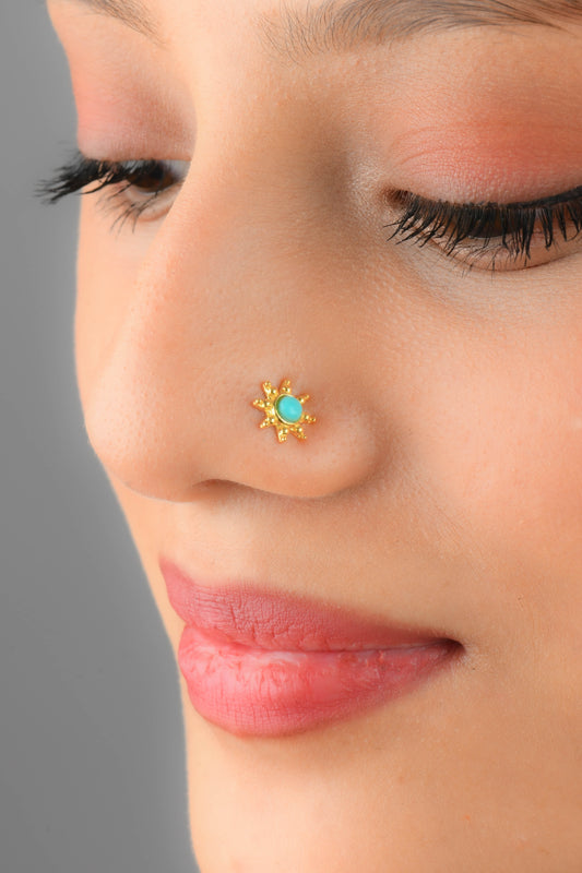 Turquoise Star Gold Plated Silver Nose Pin