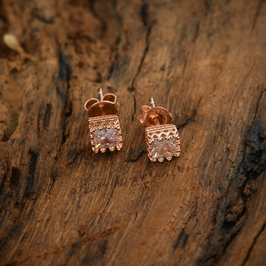 Cushion Cut Rose Gold plated Silver Solitaire Studs