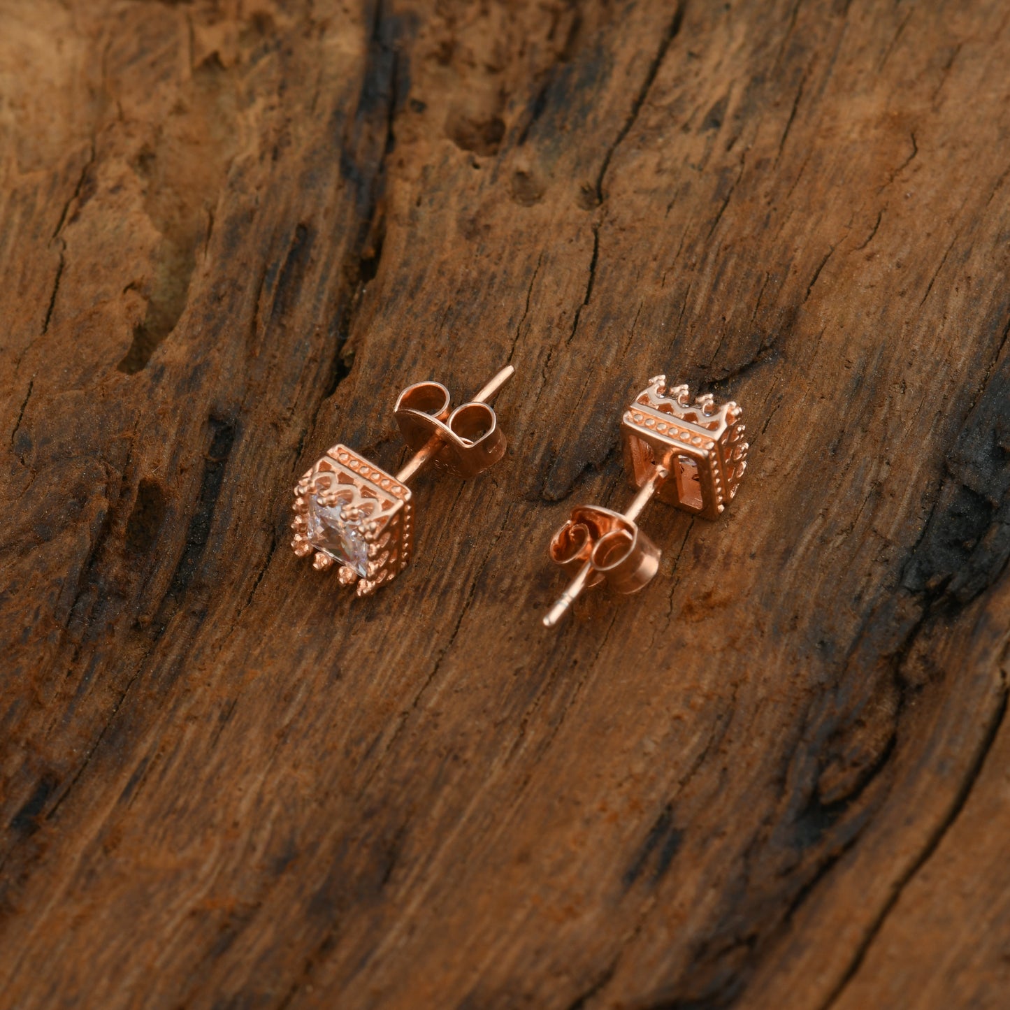 Cushion Cut Rose Gold plated Silver Solitaire Studs