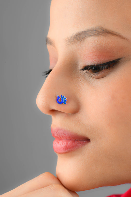 Blue Peacock Silver Nose Pin
