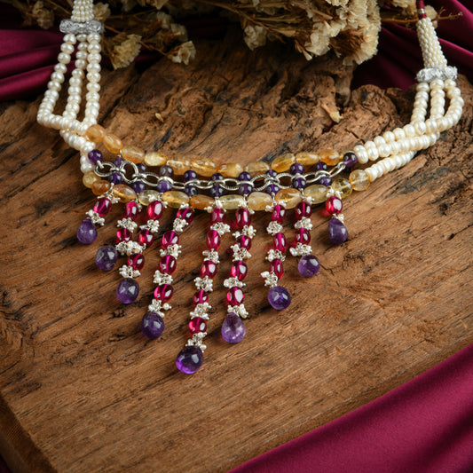 Multi Stone Pearl And Silver Designer Necklace